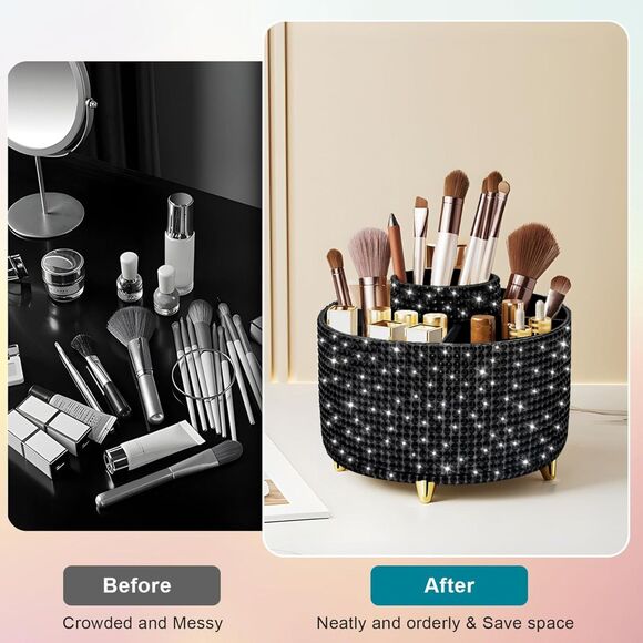 Diesisa 5 Slot Makeup Brush Diamond Black Cup 360° Rotating Makeup Brush Holder - Picture 2 of 5
